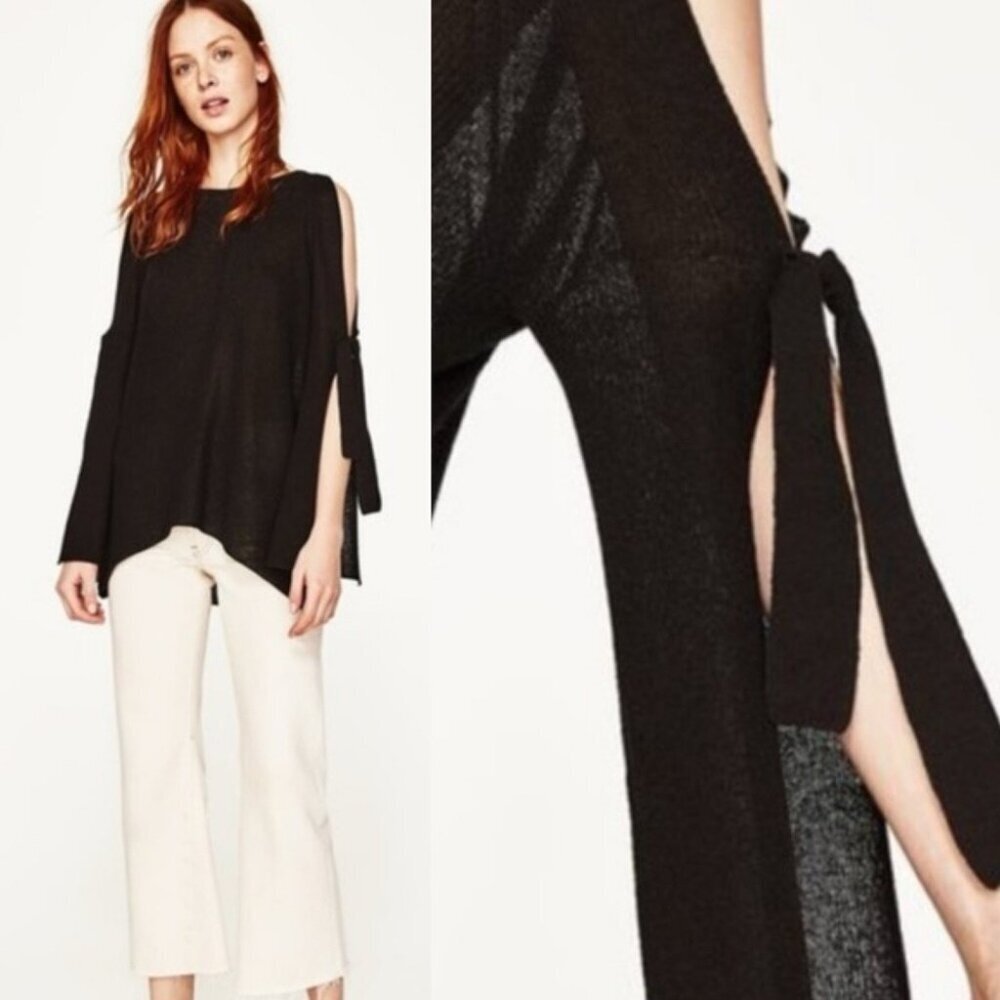 Zara Knit Cold Shoulder Bow  Tie Open Sleeve Sweater Top, Sz Small